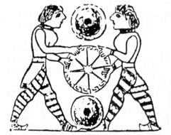 Two figures holding wheel - origin unknown
